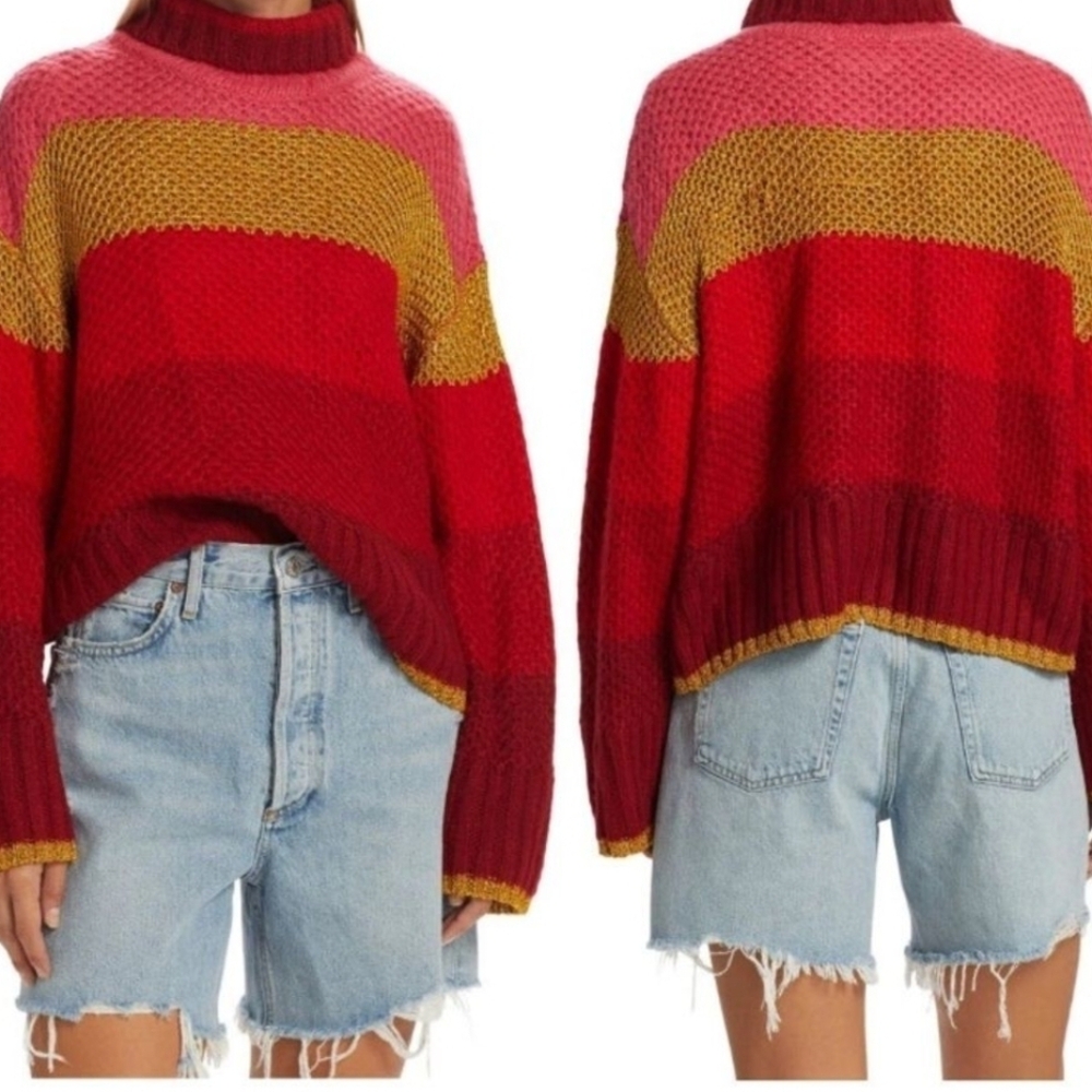 FARM RIO Vibrant Red and Yellow Women's Turtleneck Sweater